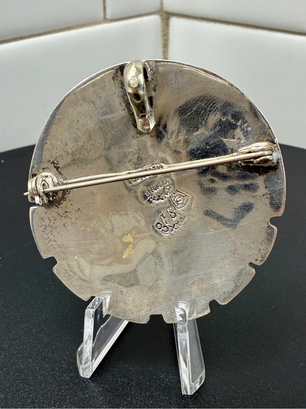 Vintage Taxco Sterling Silver Mixed Metal Quetzalcoatl Mosaic Inlay Brooch - Picture 7 of 11